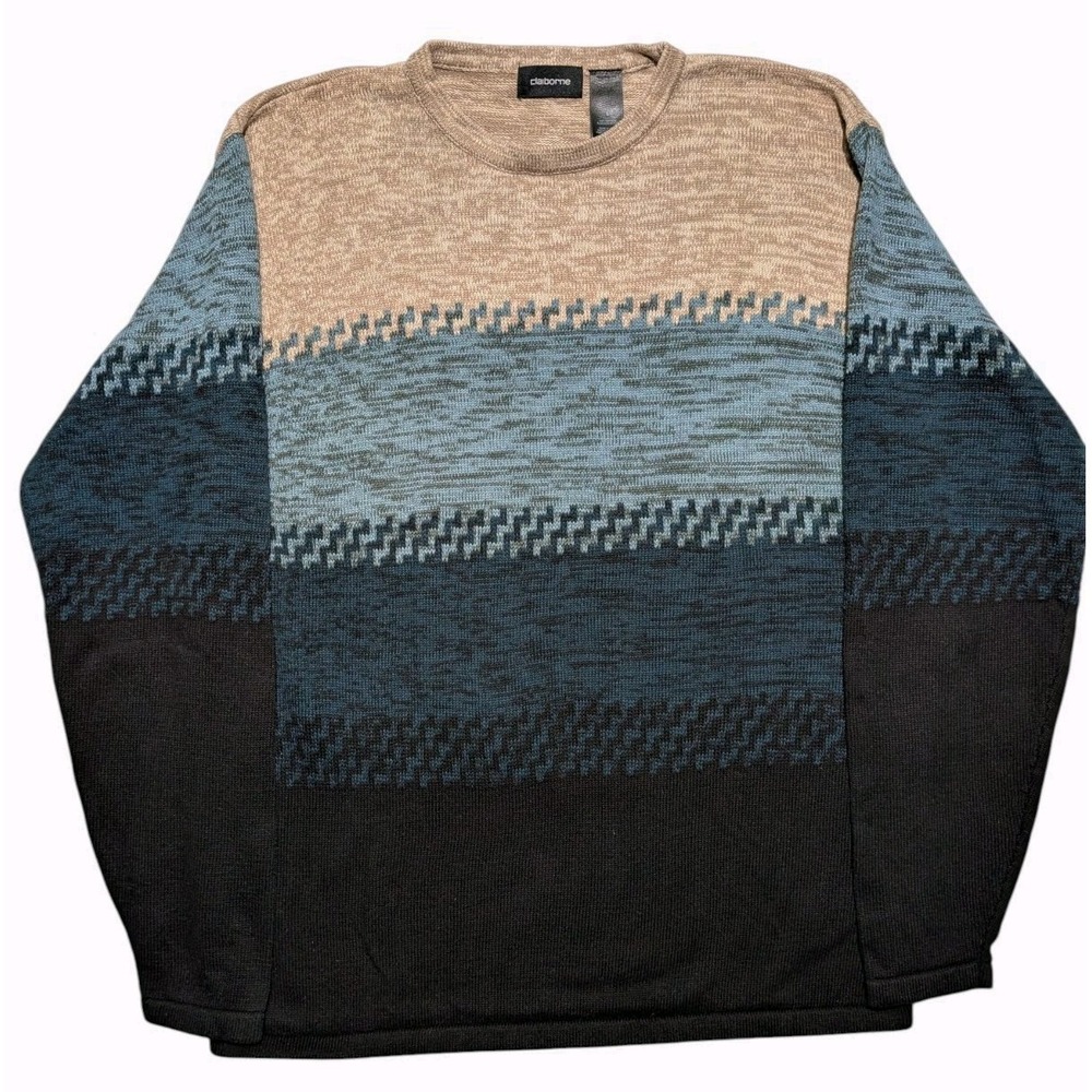 Claiborne Cotton Knit Sweater L Made in Japan Geometric‎ Colorblock Crewneck